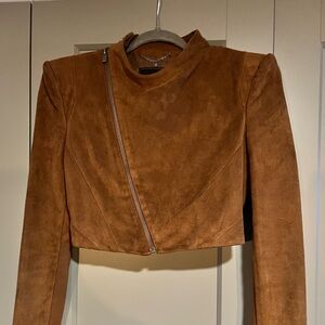 BCBGMaxAzria Cropped Suede Moto Jacket in Cognac Brown